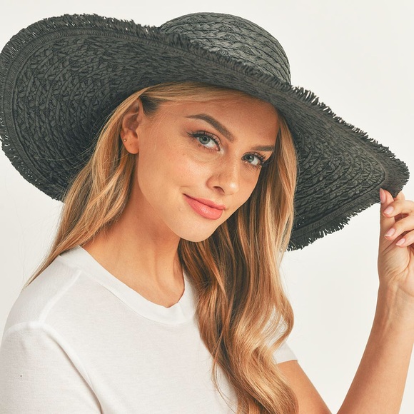 Black Wide Brim Straw Sun Hat - Picture 4 of 5